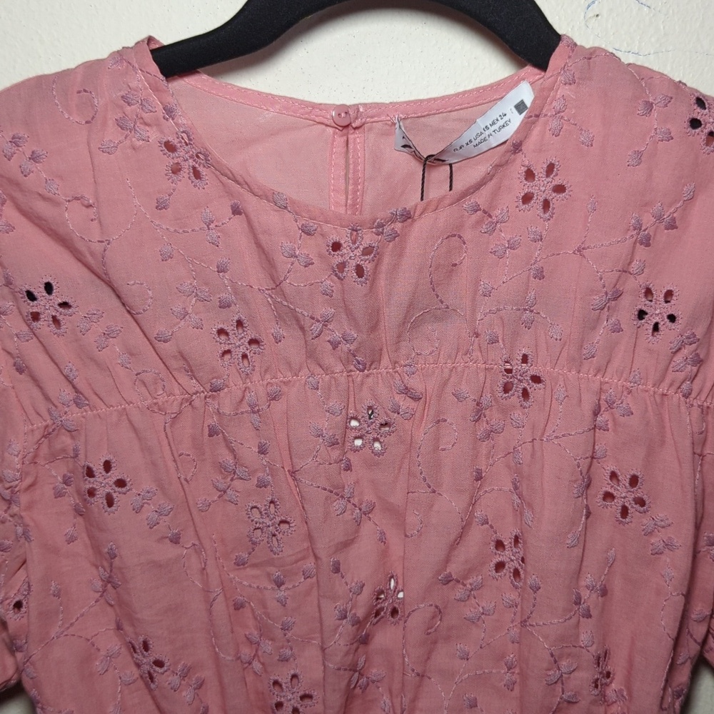 Zara Embroidered Eyelet Puff Sleeve Smocked Cropped Blouse Pink NEW Size XS - Picture 4 of 7